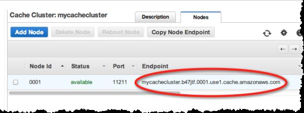 Step 4: Connect to a Memcached Node To determine the endpoint for a node 1. On the Cache Clusters page of the AWS Management Console, click the name of a cluster. 2.