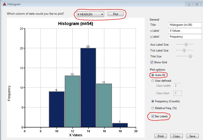 To create the histograms, go to Data/Histogram. Select the column of data that you want to plot, and then hit the Plot button.