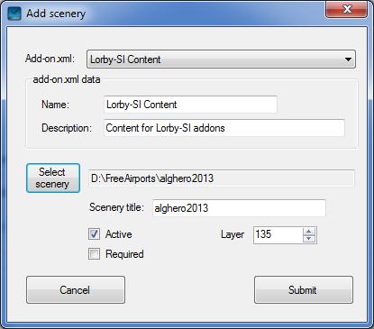 3.2.2 Add and edit scenery dialogs The add and edit dialog windows look and work the same. 1. Choose if you want to add the scenery to an existing XML file or if you want to create a new one 2.