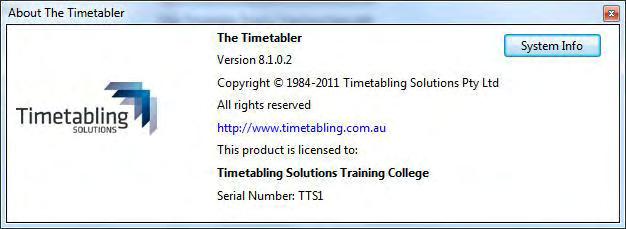 Open The Timetabler V8.1. The Version date is displayed under the Software Settings menu on the Welcome Page.
