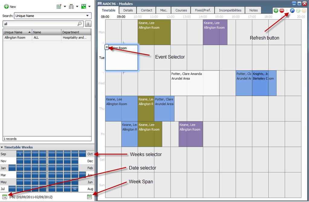 Events Use the Record window Timetable page to view and alter events using an intuitive week-style grid. Open a module Record window and click the Timetable Tab.