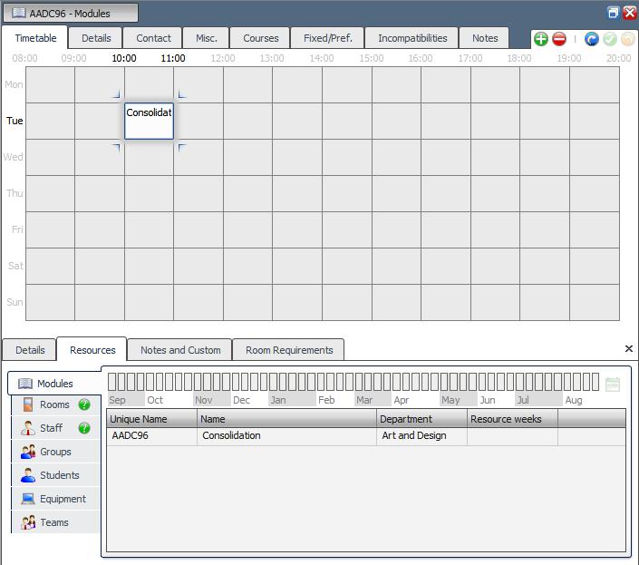 Adding an Event The Event Details window displays details of your newly-added event, showing the module in the Resource List and the appropriate day, time
