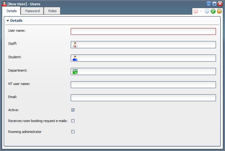 New User On the Users Page, the Active checkbox is used to specify whether an account is in use or redundant. This is commonly used to disable an account when a member of staff leaves work.