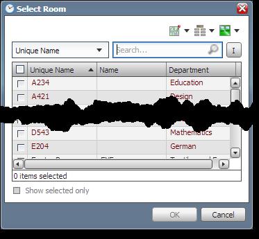 The Select Room window Click to filter rooms by Site Click to filter rooms by Layout Click to filter rooms by Department Use the search field to search rooms by Name, Unique Name or Department Use