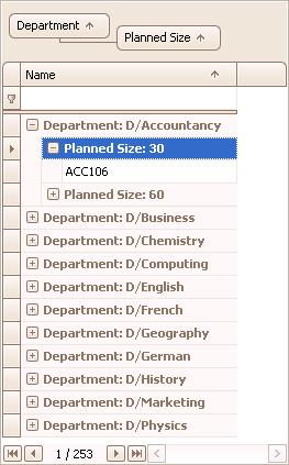 The Modules listed in the Views Pane are now displayed grouped by Department and, within each Department, grouped by Planned Size. The list can be expanded and contracted by using the & symbols.