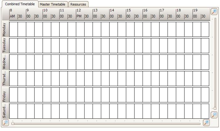 1.13 Timetable Grid On opening Enterprise Timetabler, a blank Timetable grid (labelled 6 in figure 1) will appear. Days appear down the left hand side and times across the top of the grid.