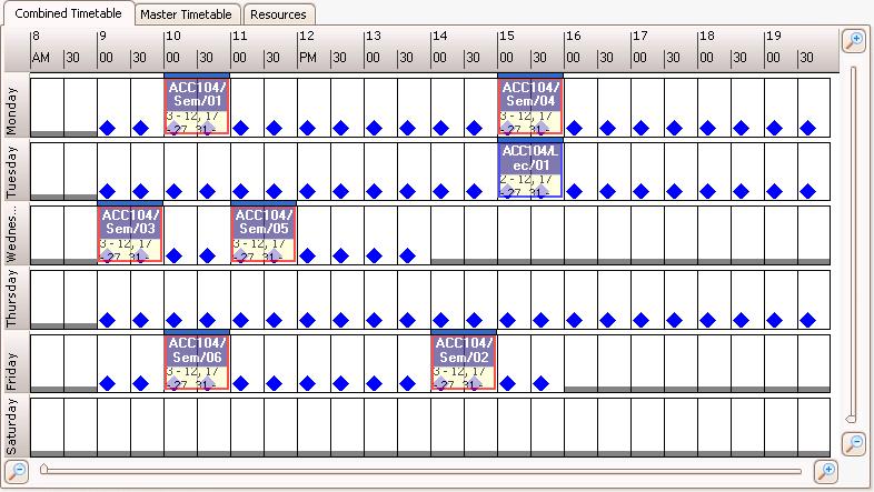 Figure 40 Timetable grid showing potential start times for a new activity If a specific activity is selected from the Activities spreadsheet or from the grid, the Timetable grid view will change to