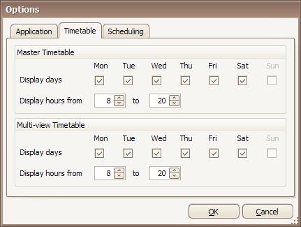The Timetable tab of the Options window (available from the Tools menu) allows the user to select which days and hours are included in these views. Figure 47 Select viewing times 1.