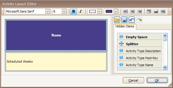 Figure 49 Activity Layout Editor The toolbar across the top of the editor can be used to change the appearance of the activity cells.