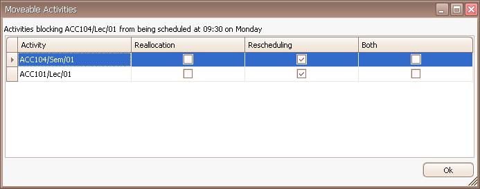 Selecting Show moveable activities will open a window that shows the activities that are blocking the current activity from being scheduled into the selected time slot.
