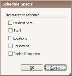 2.5 Schedule special The normal schedule operation will attempt to schedule the activity at a specified day / time and with allocated resources that satisfy the activity s requirements.