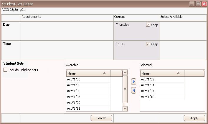 Figure 106 Student set editor To add Student Sets to the activity, select from the Available list and use the arrow to add them to the Selected list.