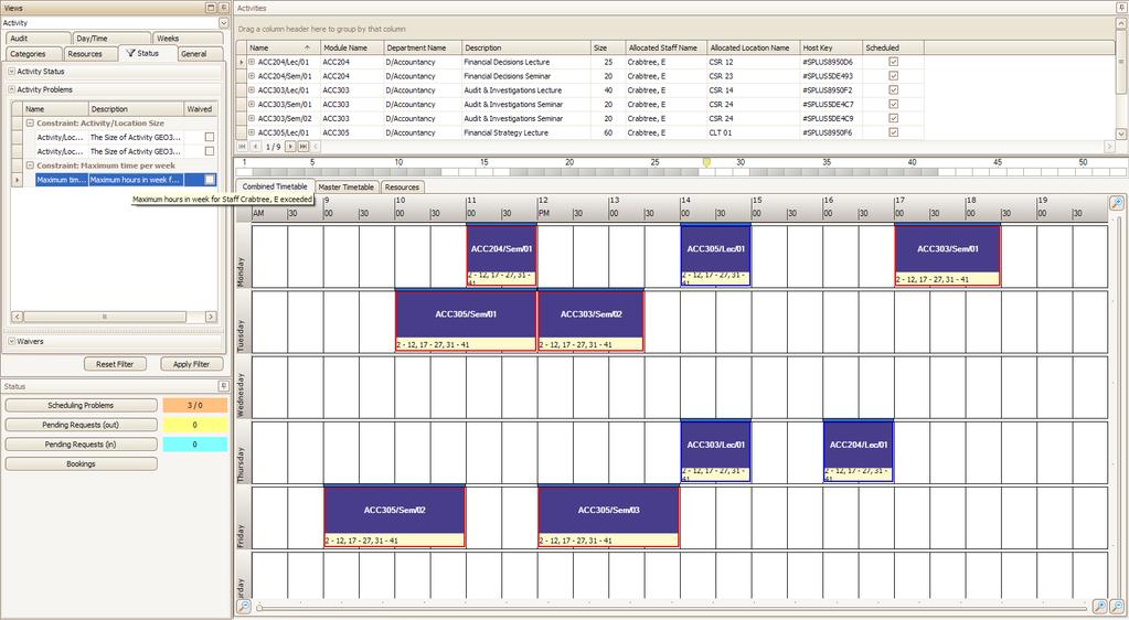 Figure 121 Timetable showing activities associated with a problem Work can now be undertaken by the user to solve the displayed problem.