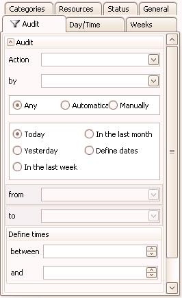 Each tab allows the user to filter activities by a series of different criteria. Each tab may contain a combination of criteria, and each criterion may have a number of options.