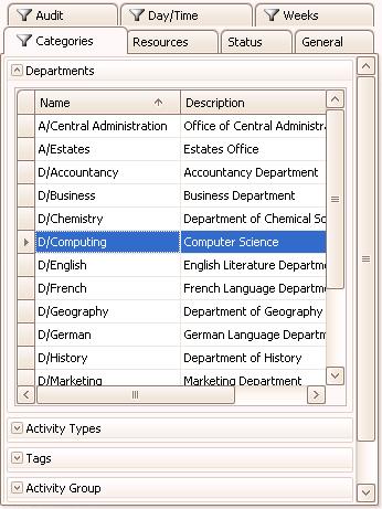 8.2.4 Categories Tab Filtering using the Categories tab enables activities to be divided up by Department, Activity Type, Tags and Activity Groups.