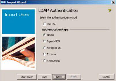 Using Identity Driven Manager Using the User Import Wizard Figure 3-49. IDM User Import Wizard, LDAP Authentication a. To use the SSL authentication method, check the Use SSL checkbox.