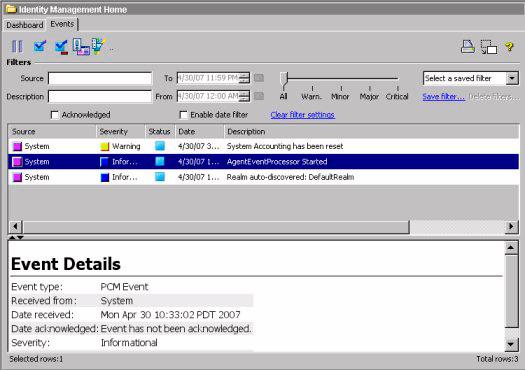 Troubleshooting IDM IDM Events IDM Events The IDM Events window is used to view and manage IDM events generated by the IDM application or the IDM Agent installed on a RADIUS server.