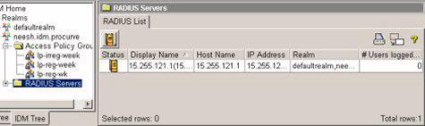 Getting Started IDM GUI Overview RADIUS Servers: Clicking the RADIUS Servers node displays the RADIUS List tab, with status and configuration information for each RADIUS Server in the Realm that