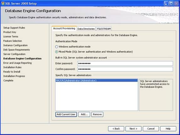 Getting Started 2-7 Figure 2-5 SQL Server 2008 Setup -Database Engine Configuration Step 3 Complete the installation and select the new database instance while installing NEC CAS using Advanced Mode.