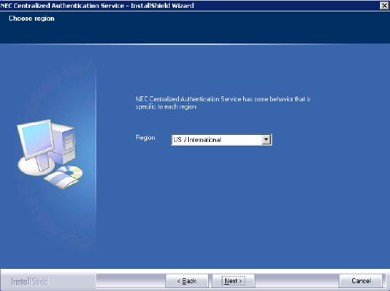 Upgrade 4-3 Figure 4-2 InstallShield Wizard - Choose Region Step 3 Select the region where NEC CAS is being installed, then click Next.