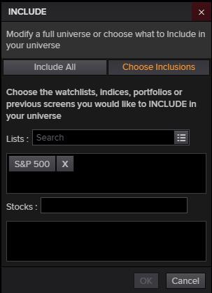 When you edit the universe, click on Choose Inclusion and enter your list in the list search bar. There you select you list, in this case S&P 500.