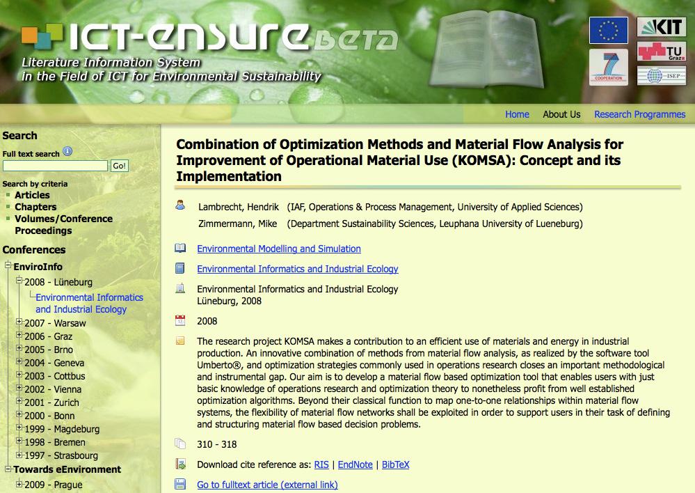 Figure 3: Screenshot of an article with bibliographic data, abstract, and function for downloading the bibliographic reference or the full text of the article as PDF file.