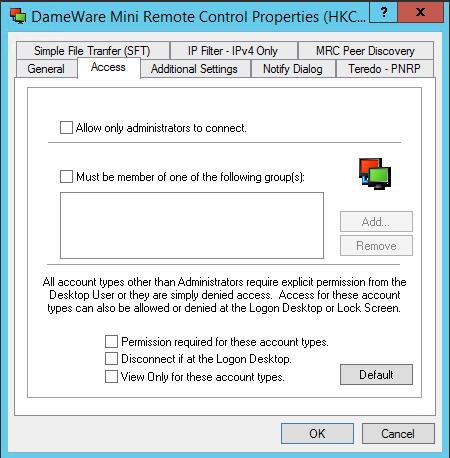 1. On the remote computer, right-click the client agent service in the system tray, and select Settings. 2. In the Mini Remote Control Properties dialog box, click Access. 3.