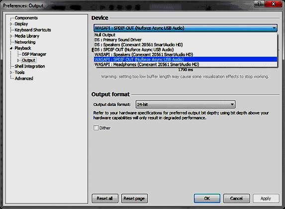 WASAPI Mode: Some media players require a special WASAPI plug-in to enable support for WASAPI. Once installed and activated, WASAPI can be selected as the default audio driver.