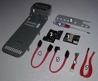 1. Blaster 360 External Module 2. Digital Sata Exchange (DSE) 3. Power Control Unit (PCU) 4. SATA Cable (ODD) 5. SATA Cable (360) 6.