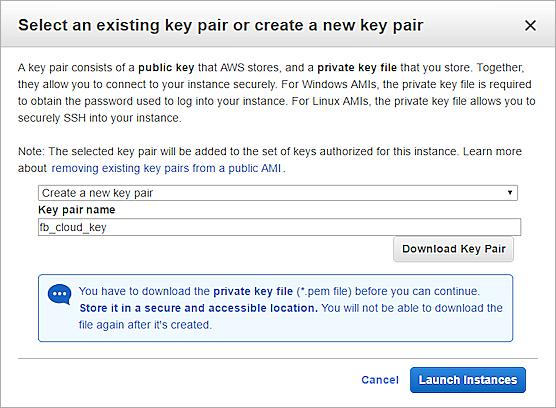 Deploy Firebox Cloud on AWS To create a new key pair: 1. From the top drop-down list, select Create a new key pair. 2. In the Key pair name text box, type a name for the new key pair 3.
