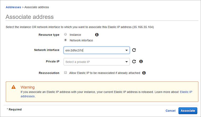 Deploy Firebox Cloud on AWS Assign an Elastic IP Address to the External Interface You must assign an Elastic IP (EIP) address to the eth0 interface for the instance of Firebox Cloud.