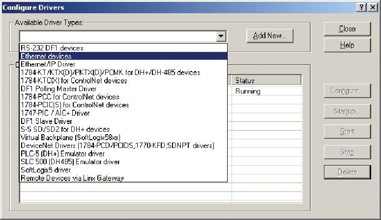 Select Ethernet Devices and assign the IP address of the 105/905U-G-ET1 gateway to the configured driver. 4.
