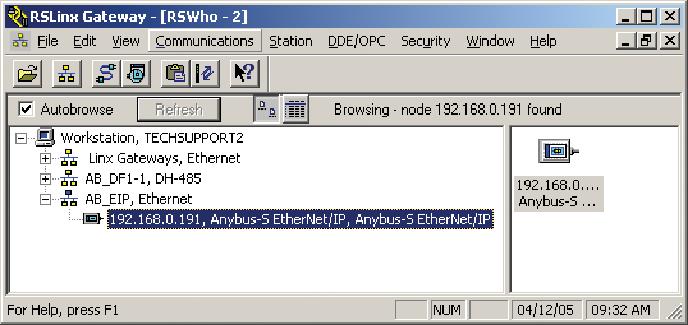 5. After the EDS file is loaded and opened in RSLinx, expand the workstation to locate the 105/905U-G. The 105/905U-G is identified in RSLinx as an Anybus-S EtherNet/IP device. 6.