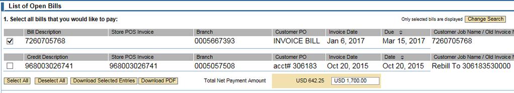 Making Payments Selecting an amount will bring up the open bills screen. This page lists all the open invoices and credits. Select an invoice and/or credit to pay that balance.