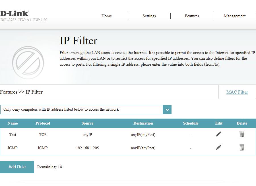 Section 4 - Configuration IP/MAC Filtering IP Filter The IP Filters page manages LAN users' access to the Internet.