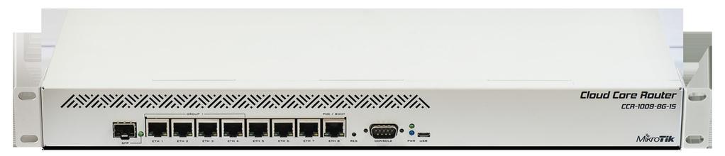CCR-1009-8G-1S full feature model CCR1009-8G-1S-1S+ with 2GB of RAM, eight Gigabit Ethernet ports, one SFP port and one SFP+ port with 10G support (SFP module not included).