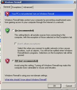 Windows Firewall Please check the firewall in Control Panel->Windows Firewall If Firewall is OFF then there would not be