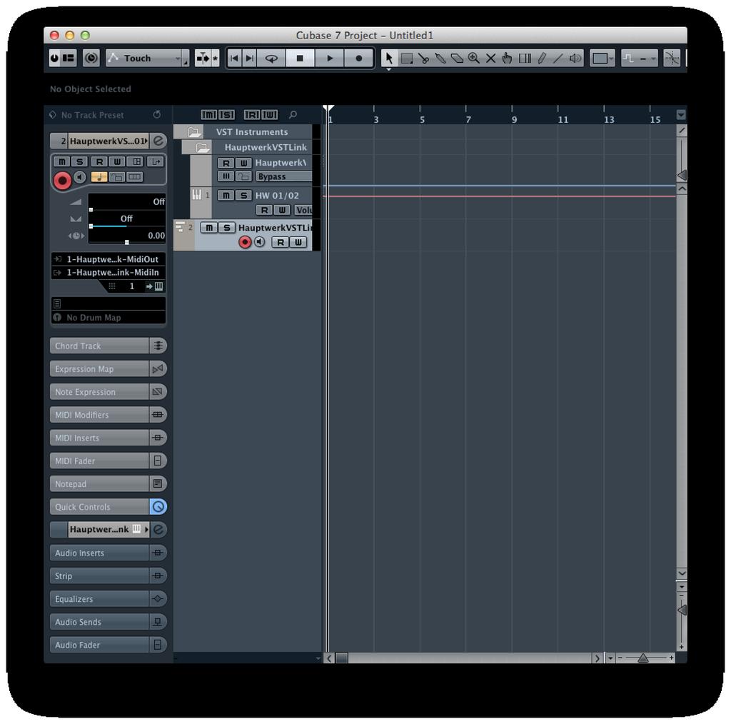 8 The tracks will be created: With the bottom track (the MIDI track) highlighted, change the input selection in the left-hand pane from 'All MIDI Inputs' to the '1- HauptwerkVSTLink-MIDIOut 'entry