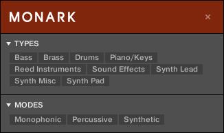 Browsing the Library Types and Modes Filters The MONARK Instrument is selected in the