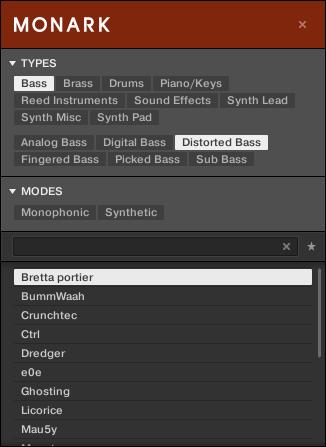 Browsing the Library Types and Modes Filters 2. Select the Sub-Type matching the desired characteristic for your bass line.