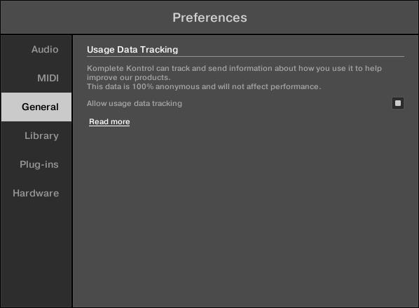 Global Controls and Preferences Preferences Usage Data Tracking in the KOMPLETE KONTROL Preferences. To enable or disable Usage Tracking: 1.