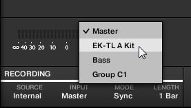 In this case we will record from the drum kit Group EK-TL A Kit, so click Internal in the SOURCE menu: 4. Click EK-TL A Kit in the INPUT menu nearby: 5.