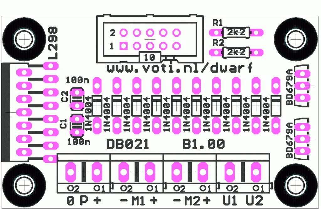 Use The Dwarf Bus pins connect directly to the L298 control inputs and to the DB679A darlington transistors. The table below shows the pin assignments. Refer to the L298 datasheet for more details.