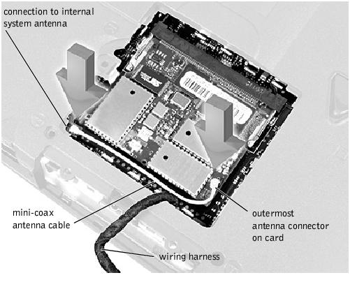 NOTICE: If a wireless NIC card contains two mini-coax antenna connectors, connect the mini-coax antenna cable to the outermost antenna connector on the card as shown.