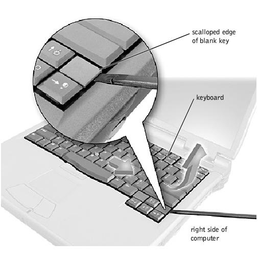 NOTICE: Be careful when handling the keyboard. The keycaps are fragile, easily dislodged, and time-consuming to replace. 4. Use a nonmarring tool under the blank key to pry up the keyboard.