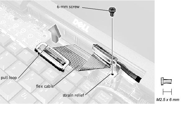 2. Remove the 6-mm screw that secures the display flex cable to the strain relief, and then use the pull loop to remove the display flex cable from the graphics card.