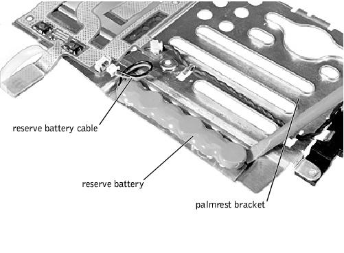 10. Carefully lift out the palmrest assembly. Reserve Battery NOTICE: Disconnect the computer and attached devices from electrical outlets and remove any installed batteries.