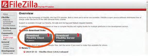 (Screen shots are from Internet Explorer on a PC platform, if using a different web browser it may appear differently). 1. Navigate to the Filezilla website at http://filezilla-project.org/ 2.