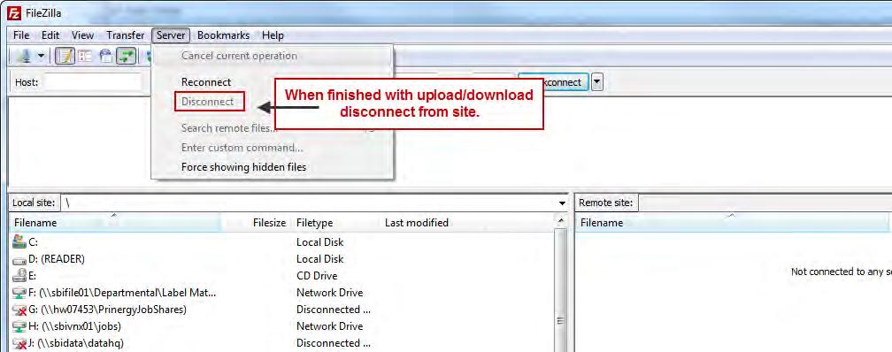 Before closing program, disconnect from Remote FTP Server by selecting Disconnect from the Server menu.