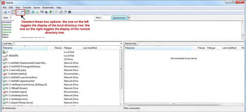 Deselect the two options in the tool bar as indicated in the screen shot. This will make FileZilla look less complicated.